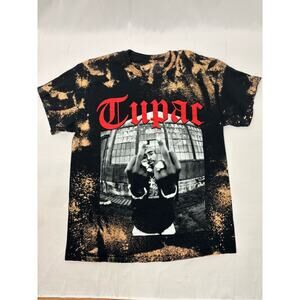 Tupac Bleach Dyed Hip Hop Black Short Sleeve Crewneck T-shirt Size L